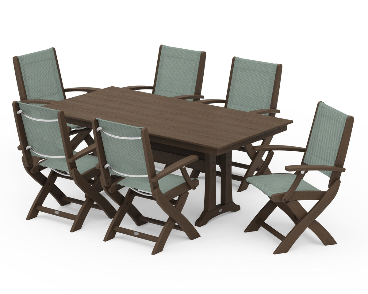 POLYWOOD Coastal Folding Arm Chair 7-Piece Farmhouse Dining Set with Trestle Legs in Kona / Dupioni Sea Mist