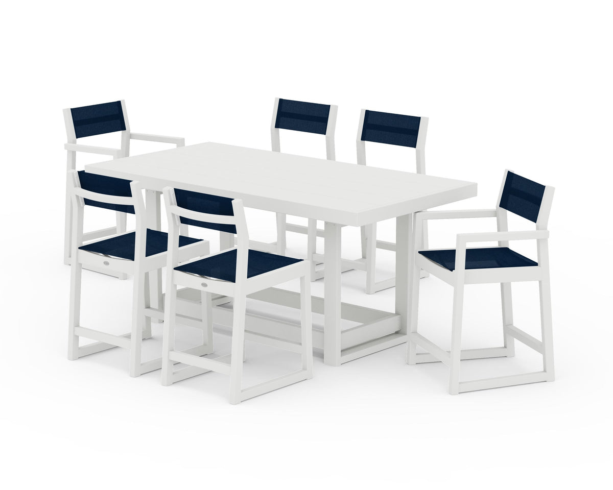 POLYWOOD EDGE Sling 7-Piece Counter Table Set in Vintage White / Navy Blue