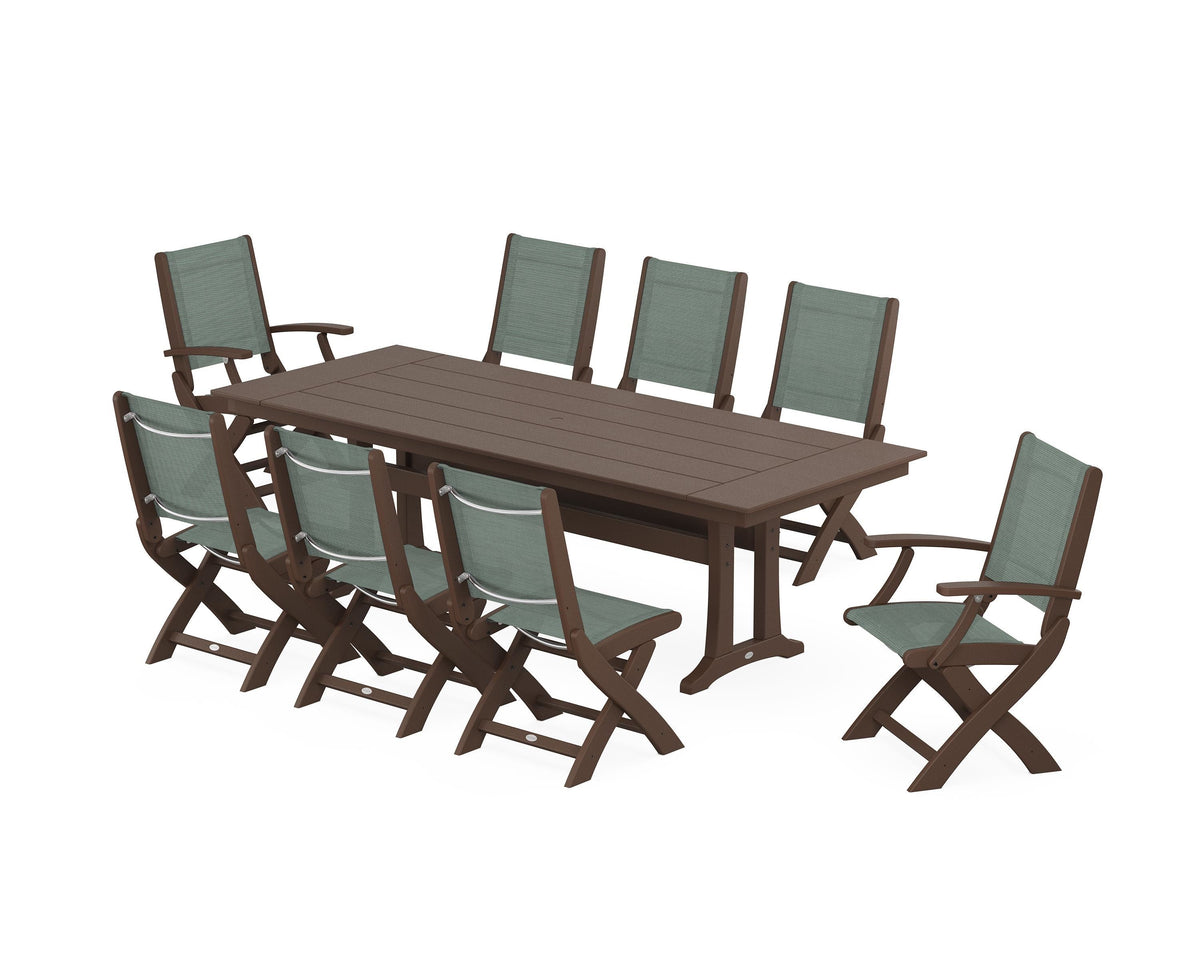 POLYWOOD Coastal 9-Piece Folding Dining Chair Farmhouse Dining Set with Trestle Legs in Mahogany / Dupioni Sea Mist