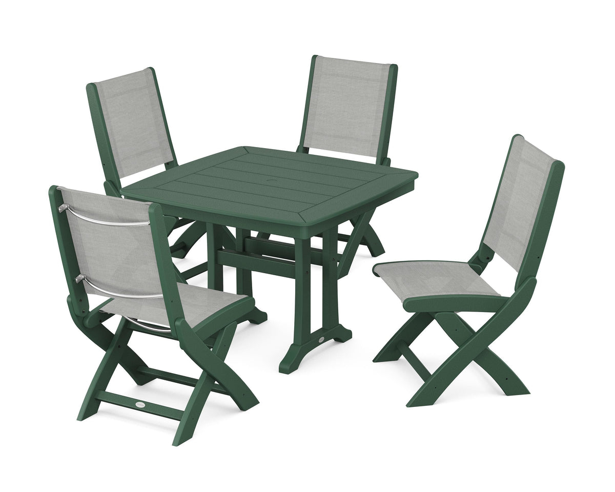POLYWOOD Coastal Folding Side Chair 5-Piece Dining Set with Trestle Legs in Green / Metallic