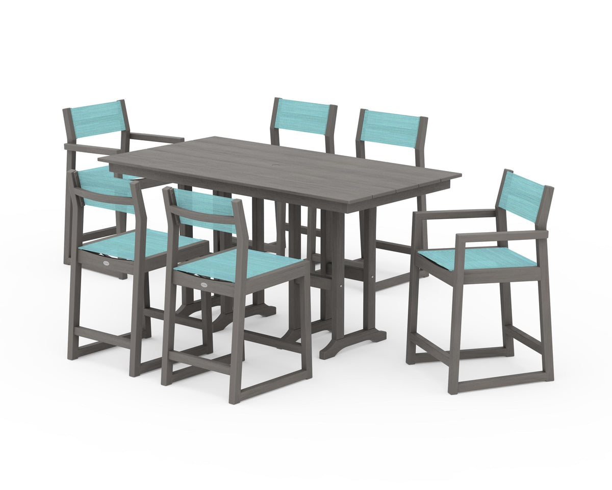 POLYWOOD EDGE Sling 7-Piece Farmhouse Counter Set with Trestle Legs in Driftwood / Dupioni Aquamarine