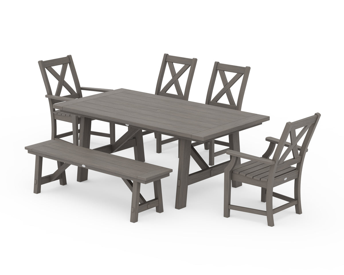 POLYWOOD Braxton 6-Piece Rustic Farmhouse Arm Chair Dining Set with Bench in Driftwood
