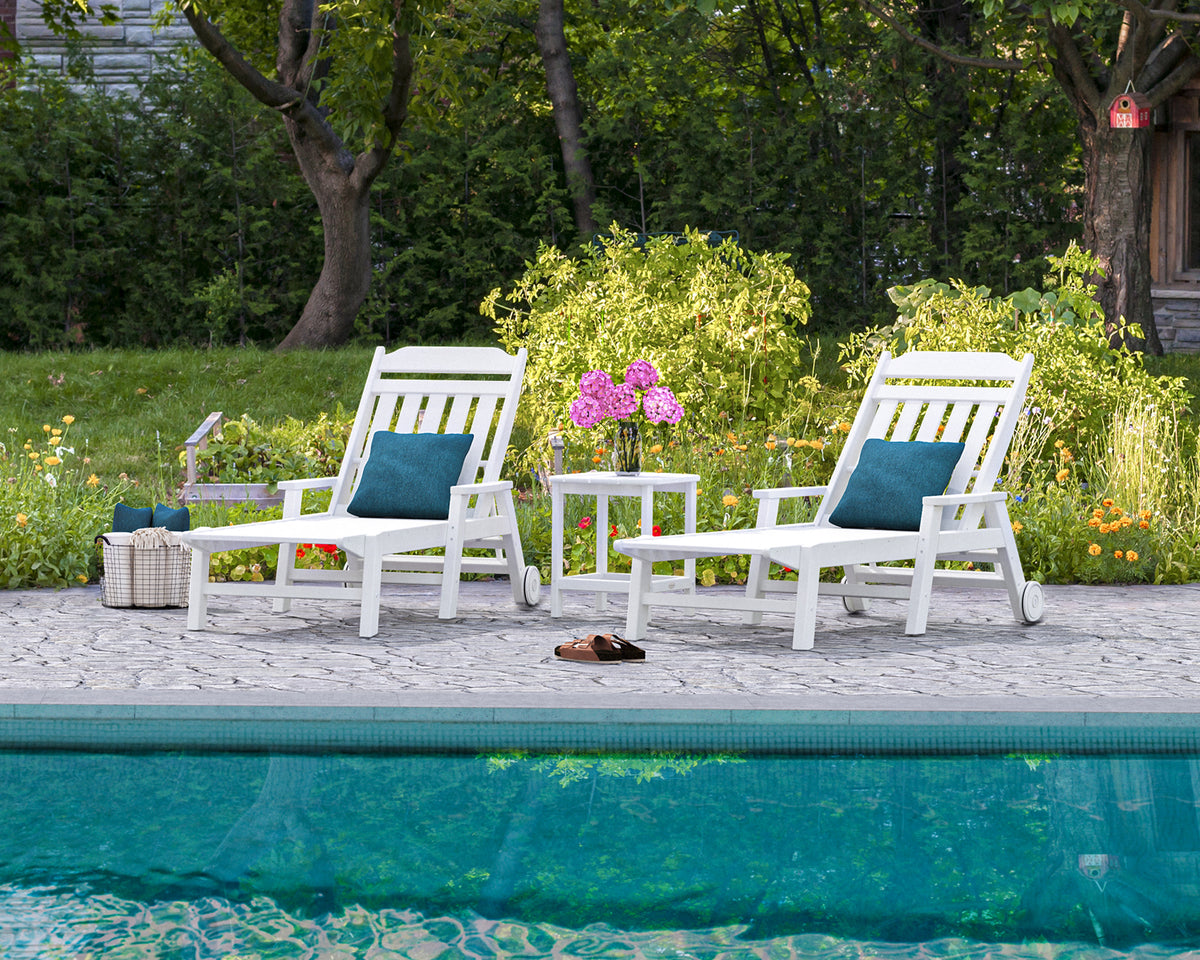 POLYWOOD Cottage 3-Piece Chaise Set with Arms and Wheels in an outdoor setting