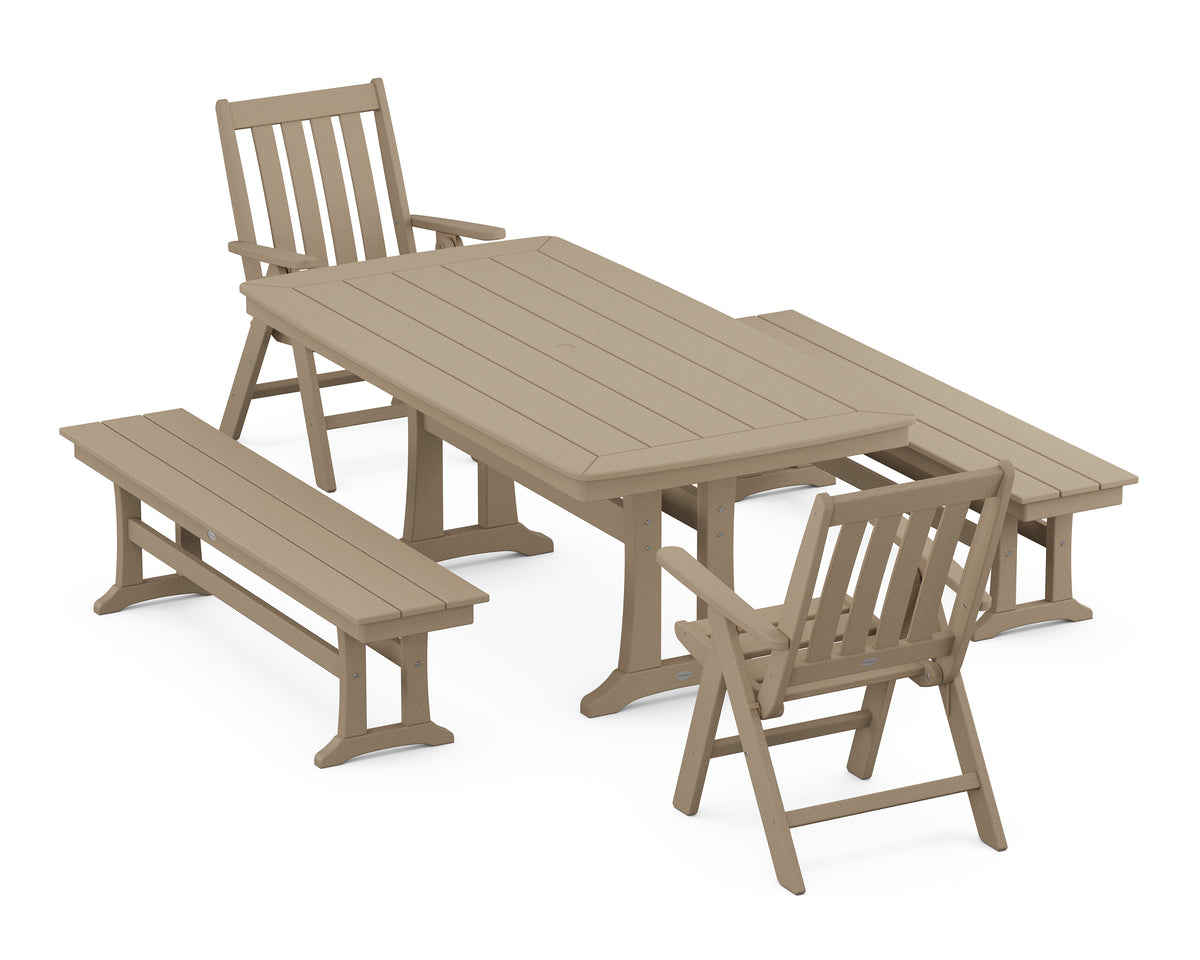 POLYWOOD Vineyard Folding Chair 5-Piece Dining Set with Trestle Legs and Benches in Vintage Sahara