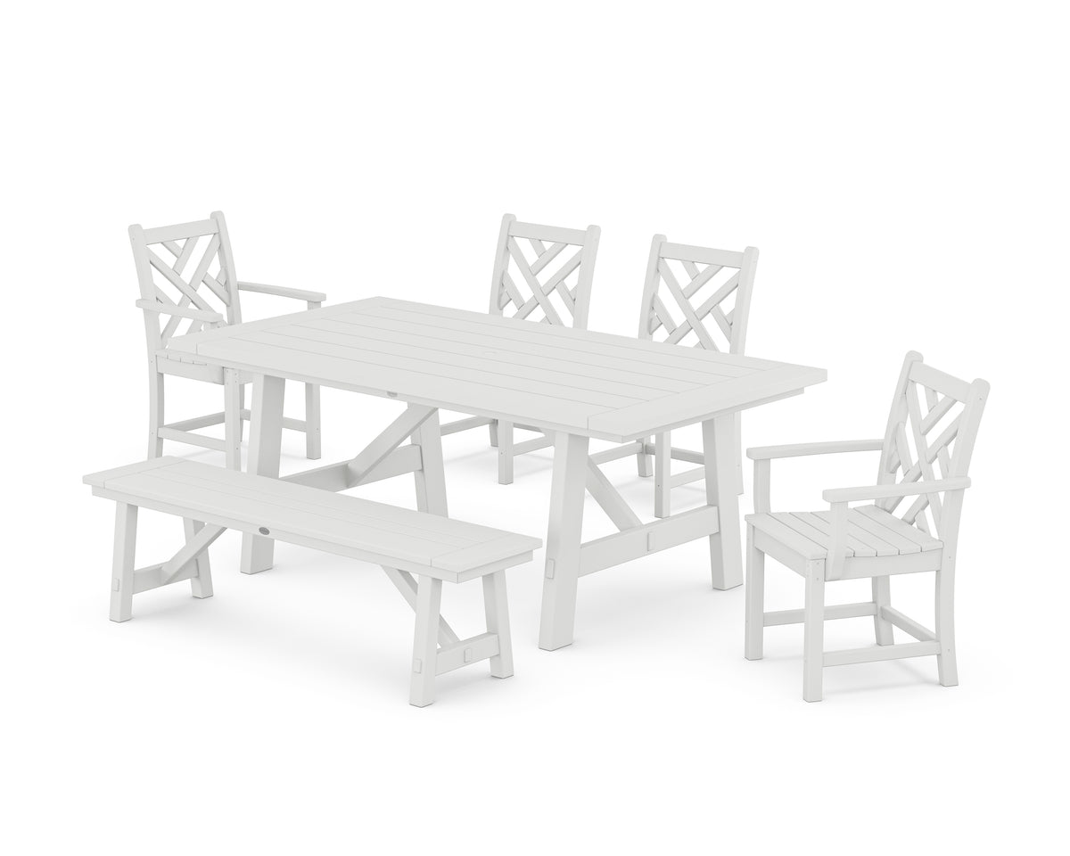 POLYWOOD Chippendale 6-Piece Rustic Farmhouse Dining Set with Bench in White