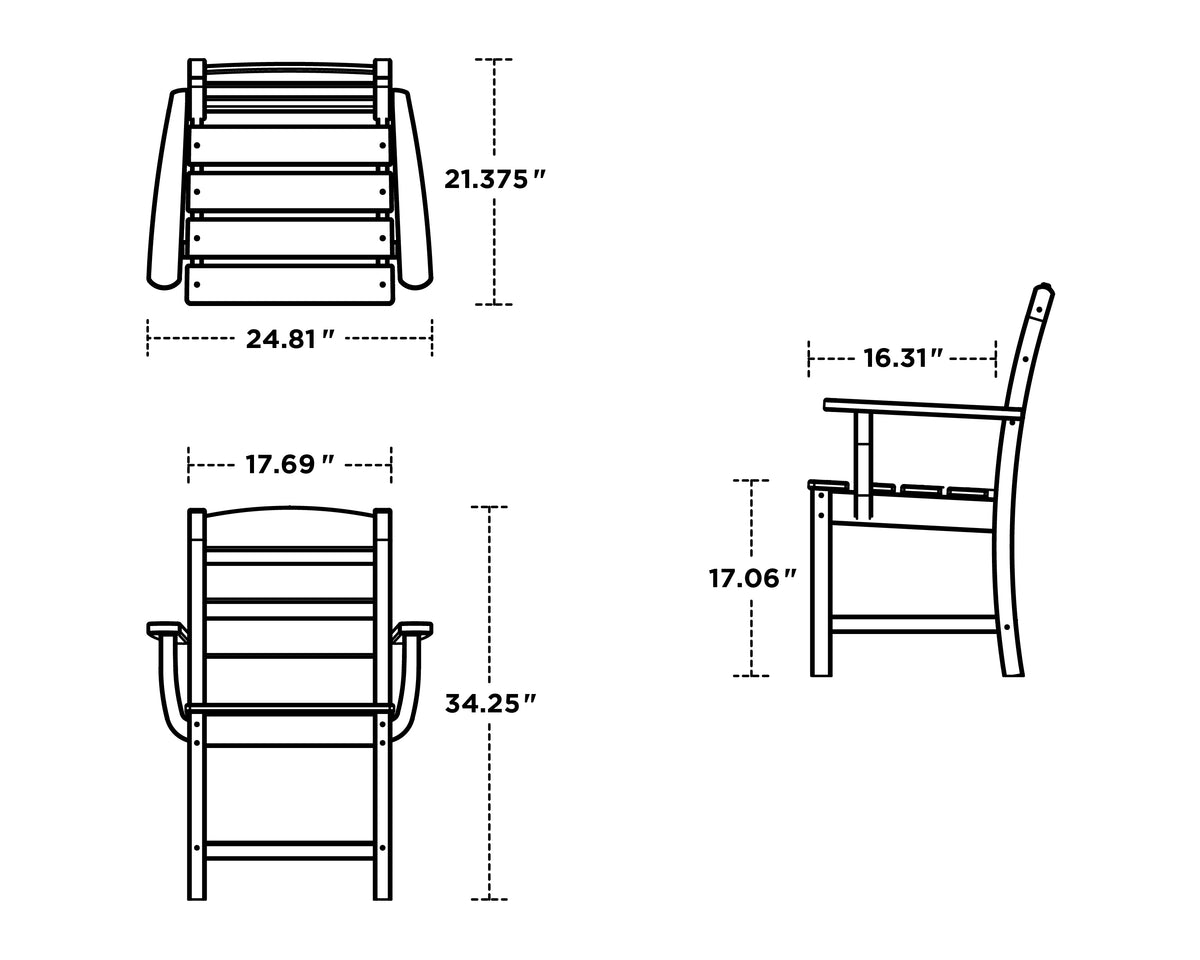 POLYWOOD Lakeside Dining Arm Chair dimension drawing with width, depth and height measurements