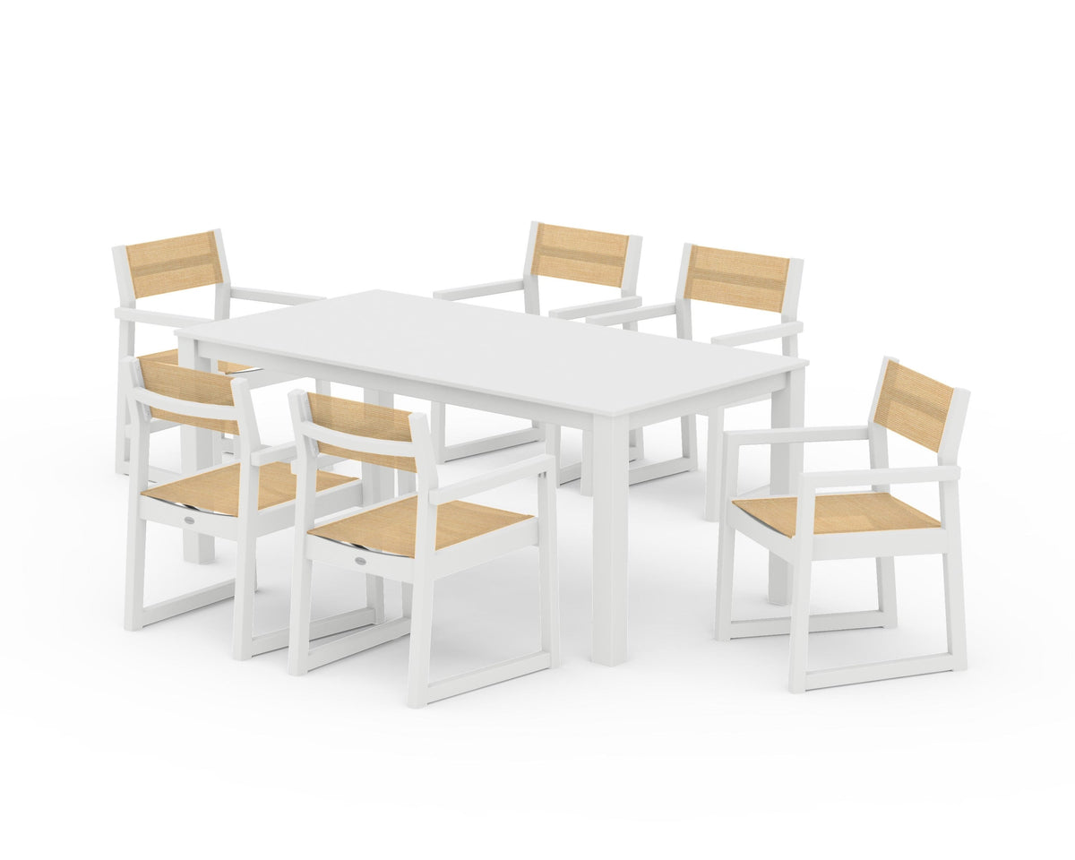 POLYWOOD EDGE Sling Arm Chair 7-Piece Parsons Dining Set in White / Dupioni Apricot