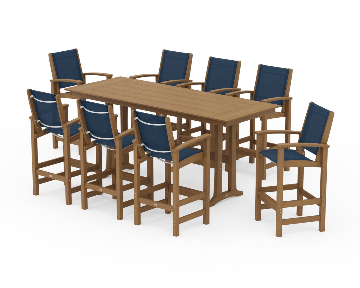 POLYWOOD Coastal 9-Piece Farmhouse Bar Set with Trestle Legs in Natural / Navy Blue