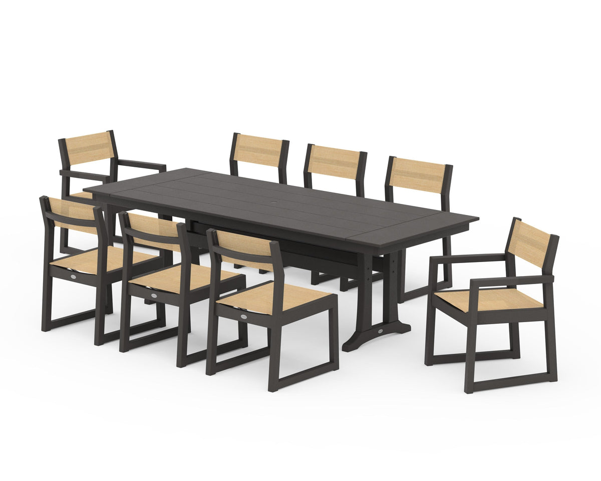 POLYWOOD EDGE Sling 9-Piece Farmhouse Trestle Dining Set in Vintage Coffee / Dupioni Apricot