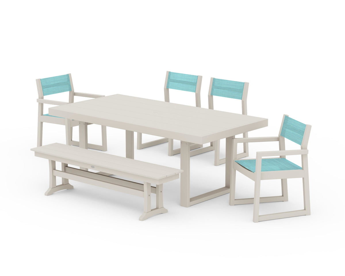 POLYWOOD EDGE Sling 6-Piece Dining Set with Bench in Sand / Dupioni Aquamarine