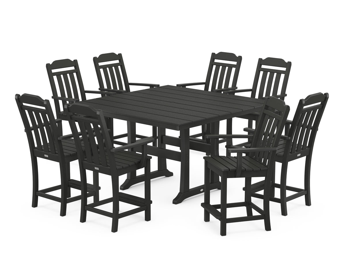 POLYWOOD Country Living Cottage 9-Piece Square Farmhouse Counter Set with Trestle Legs in Black