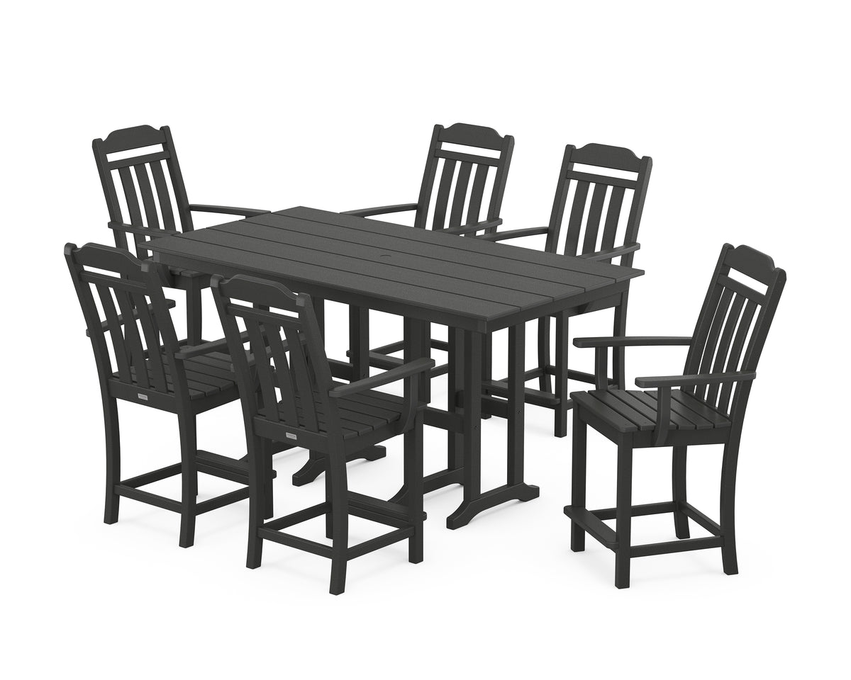 POLYWOOD Country Living Cottage Arm Chair 7-Piece Farmhouse Counter Set in Black