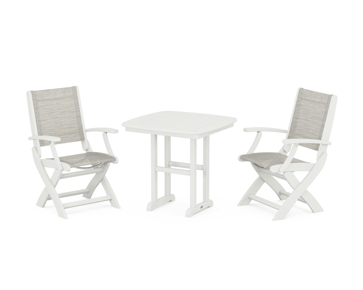 POLYWOOD Coastal Folding Chair 3-Piece Dining Set in Vintage White / Birch