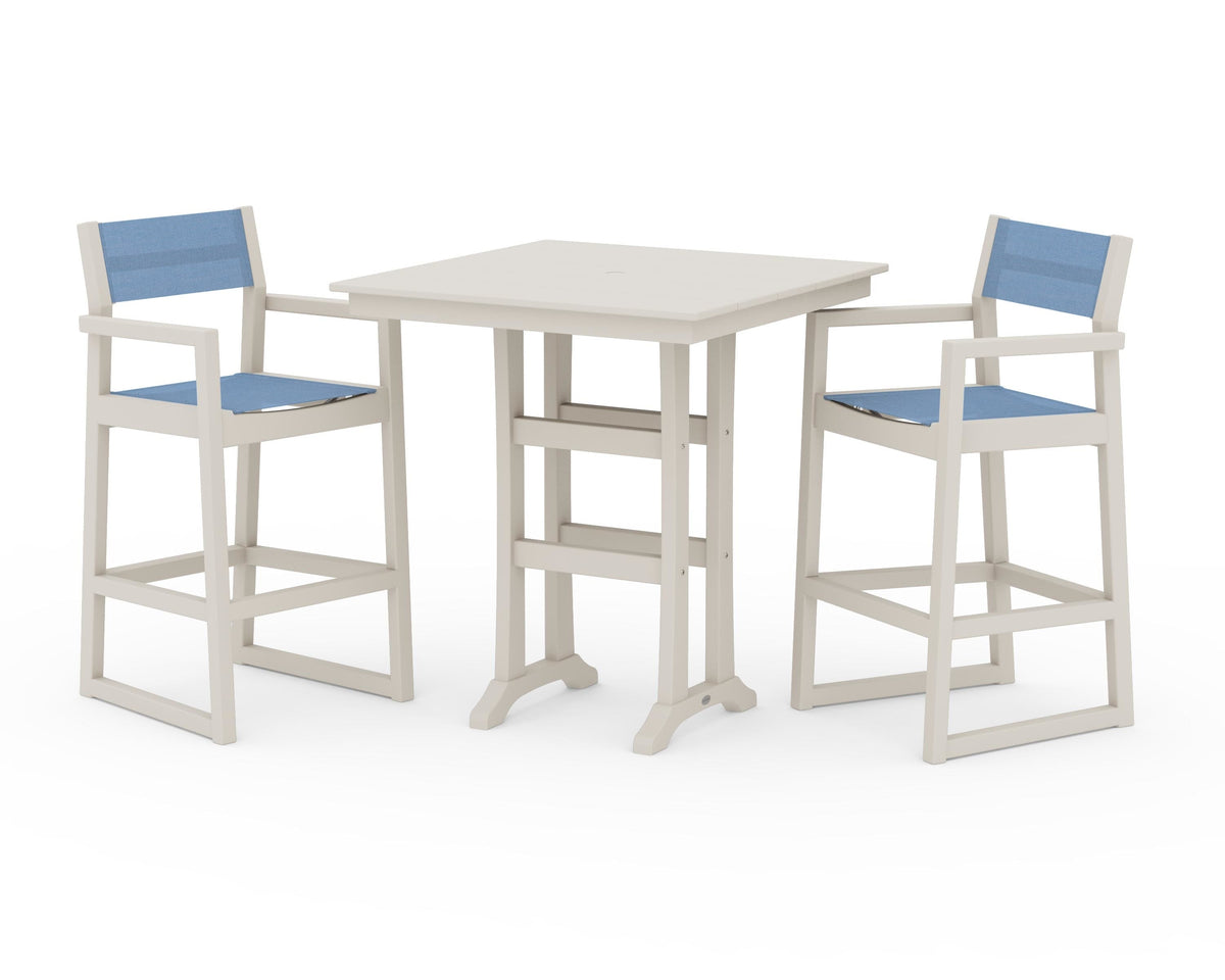 POLYWOOD EDGE Sling Arm Chair 3-Piece Farmhouse Bar Set with Trestle Legs in Sand / Poolside