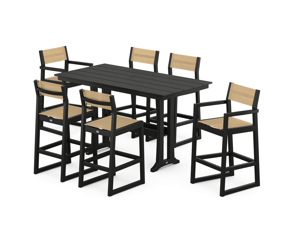 POLYWOOD EDGE Sling 7-Piece Farmhouse Bar Set with Trestle Legs in Black / Dupioni Apricot