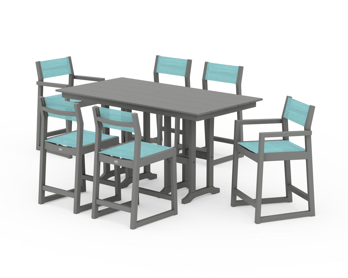 POLYWOOD EDGE Sling 7-Piece Farmhouse Counter Set with Trestle Legs in Slate Grey / Dupioni Aquamarine