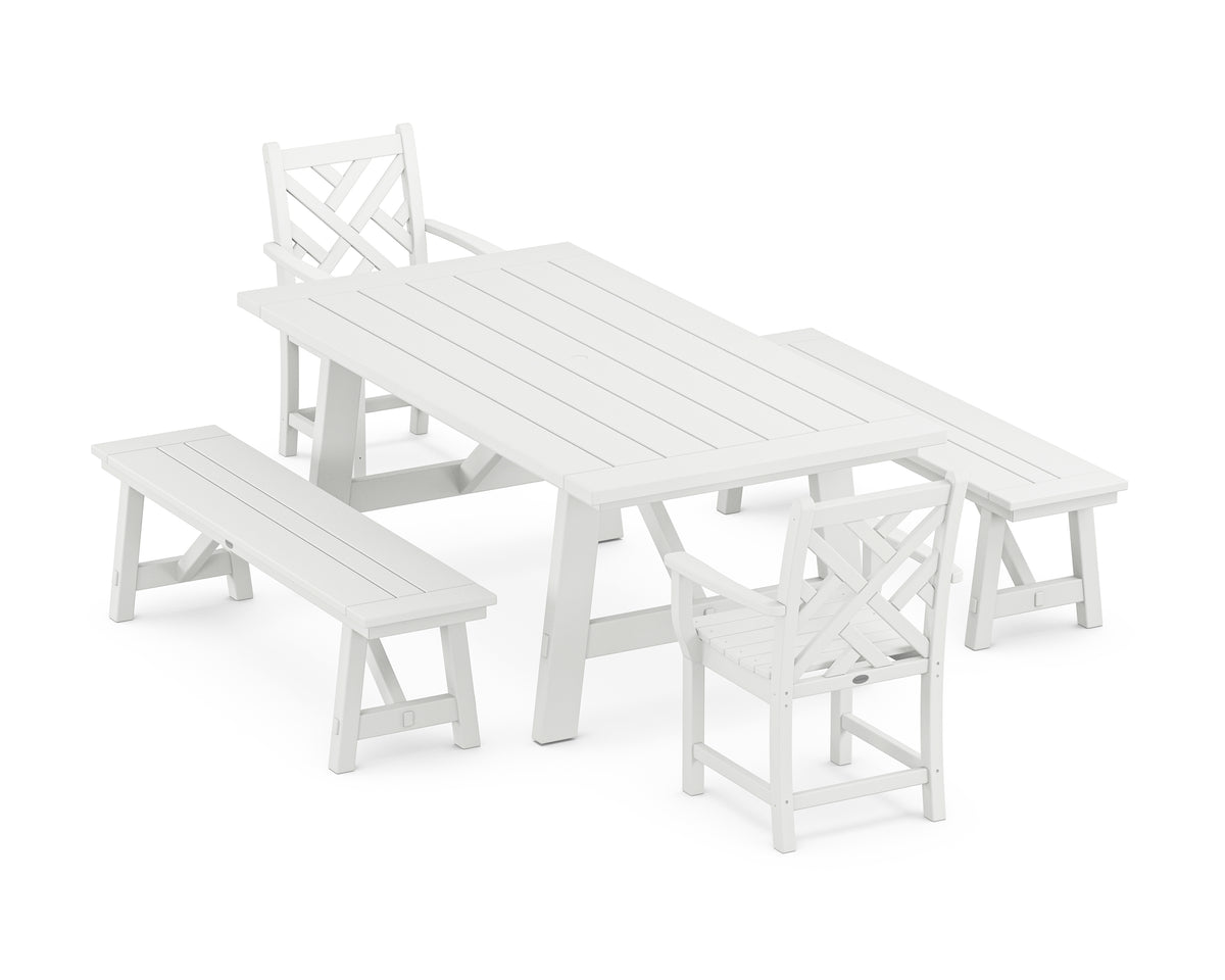 POLYWOOD Chippendale 5-Piece Rustic Farmhouse Dining Set with Benches in White
