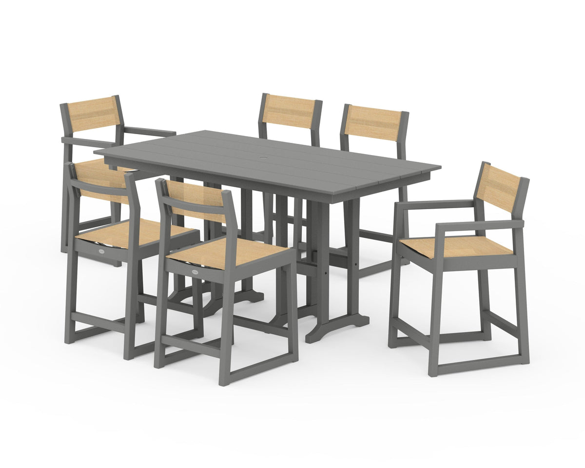 POLYWOOD EDGE Sling 7-Piece Farmhouse Counter Set with Trestle Legs in Slate Grey / Dupioni Apricot