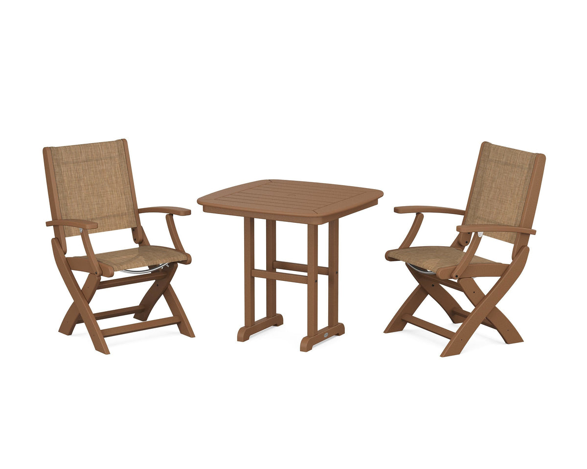 POLYWOOD Coastal Folding Chair 3-Piece Dining Set in Teak / Burlap