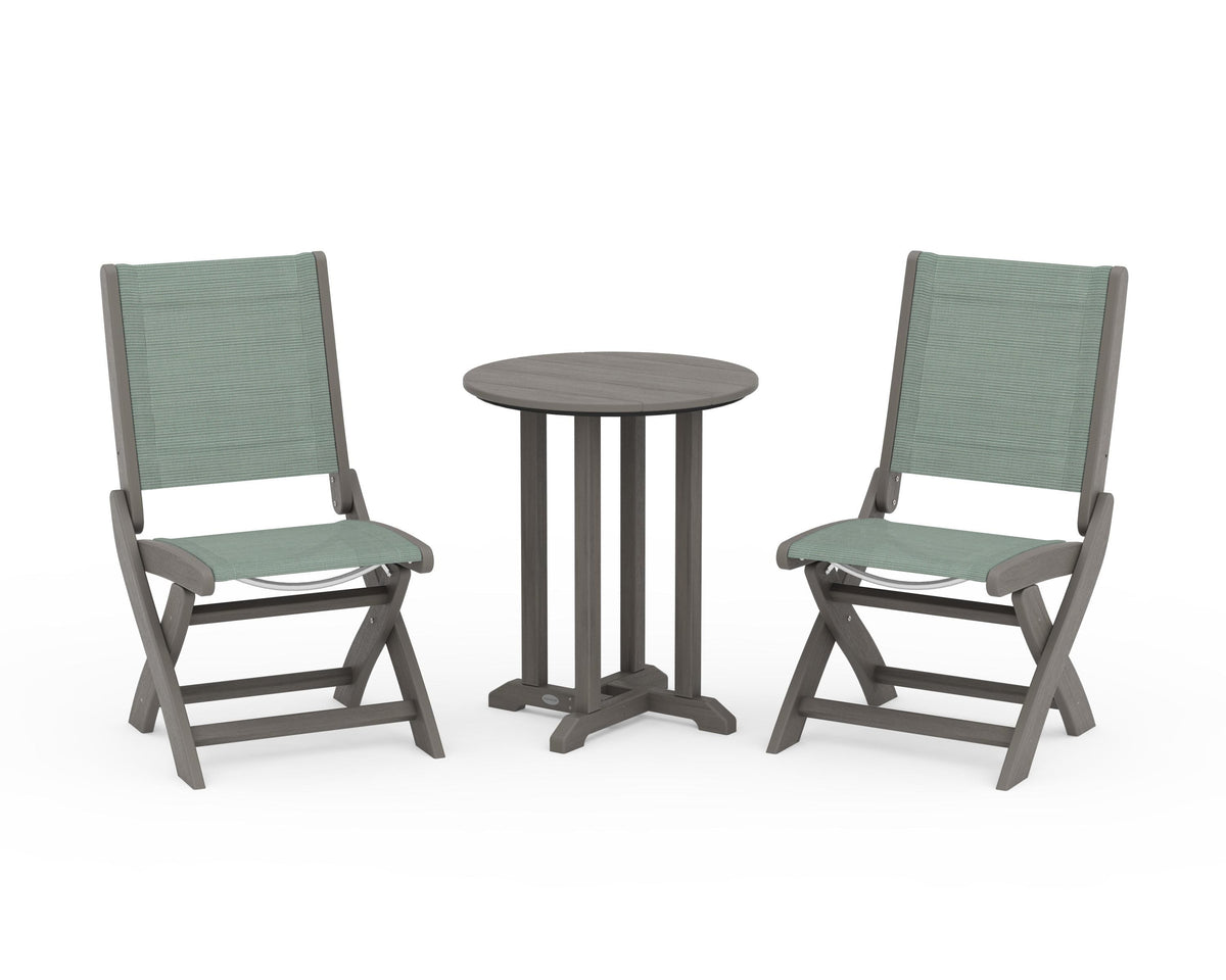 POLYWOOD Coastal Folding Side Chair 3-Piece Round Bistro Dining Set in Driftwood / Dupioni Sea Mist