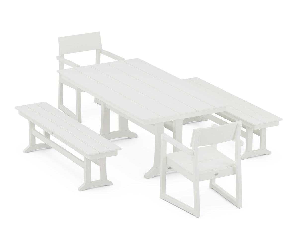 POLYWOOD EDGE 5-Piece Farmhouse Dining Set with Trestle Legs (Farmhouse Trestle 37" x 72" Table) in Vintage White