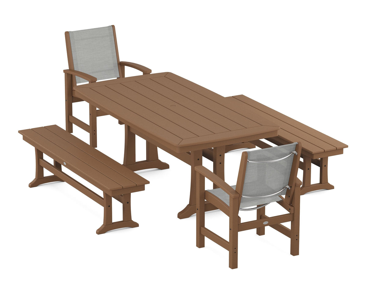 POLYWOOD Coastal 5-Piece Dining Set with Trestle Legs and Benches in Teak / Metallic