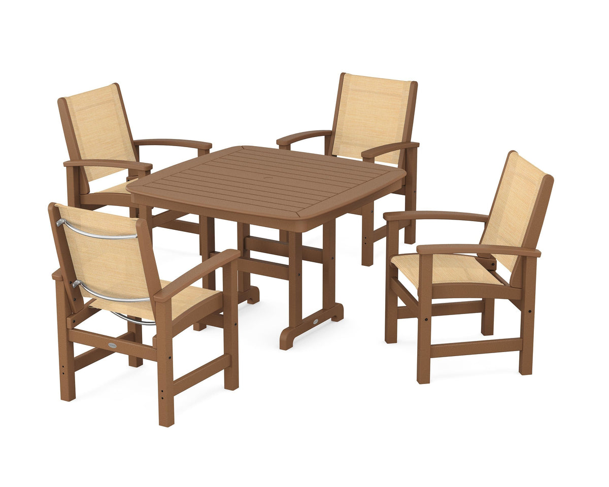 POLYWOOD Coastal 5-Piece Dining Set with Nautical 44" Dining Table in Teak / Dupioni Apricot
