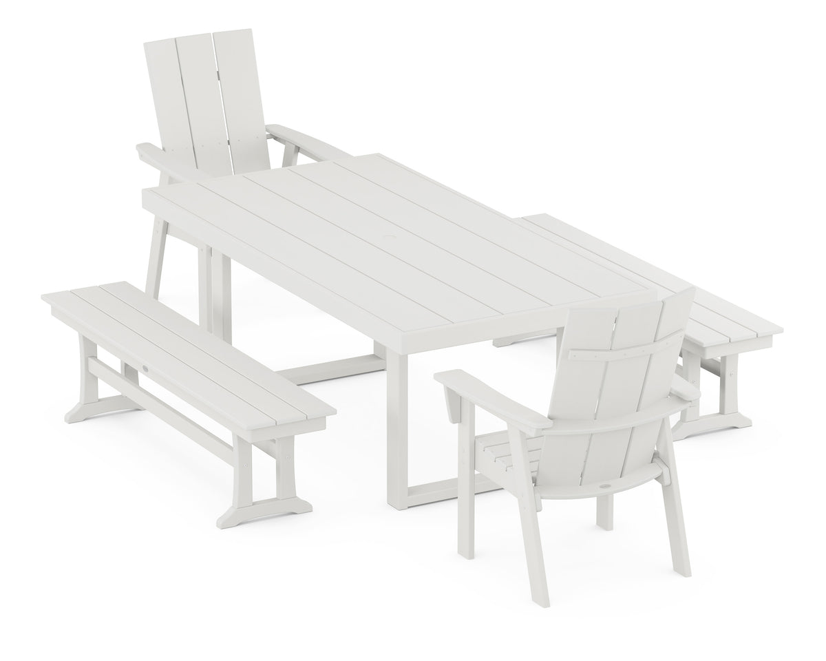 POLYWOOD Modern Curveback Adirondack 5-Piece Dining Set with Benches - 39" x 78" Table in Vintage White