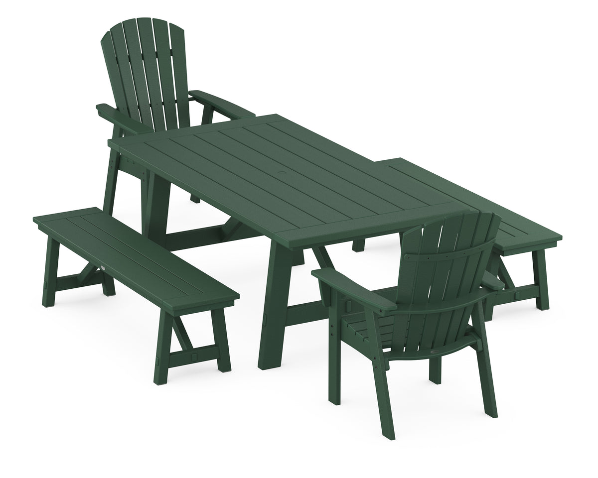 POLYWOOD Nautical Curveback Adirondack 5-Piece Rustic Farmhouse Dining Set with Benches in Green