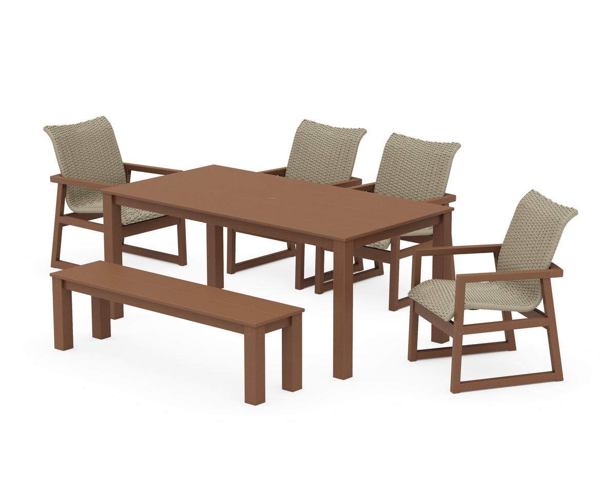 POLYWOOD EDGE Woven 6-Piece Parsons Dining Set with Bench in Teak / Dune Grass