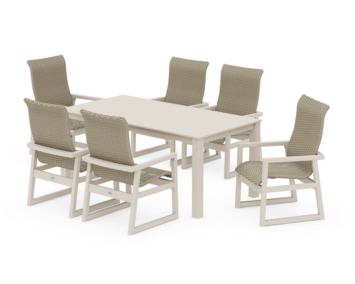 POLYWOOD EDGE Woven High-Back Arm Chair 7-Piece Parsons Dining Set in Sand / Dune Grass