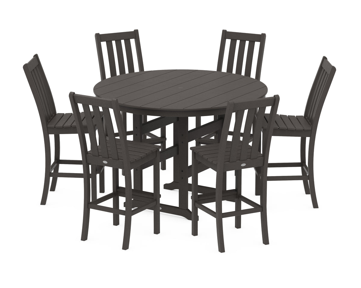 POLYWOOD Vineyard 7-Piece Side Chair Round Farmhouse Bar Set in Vintage Coffee