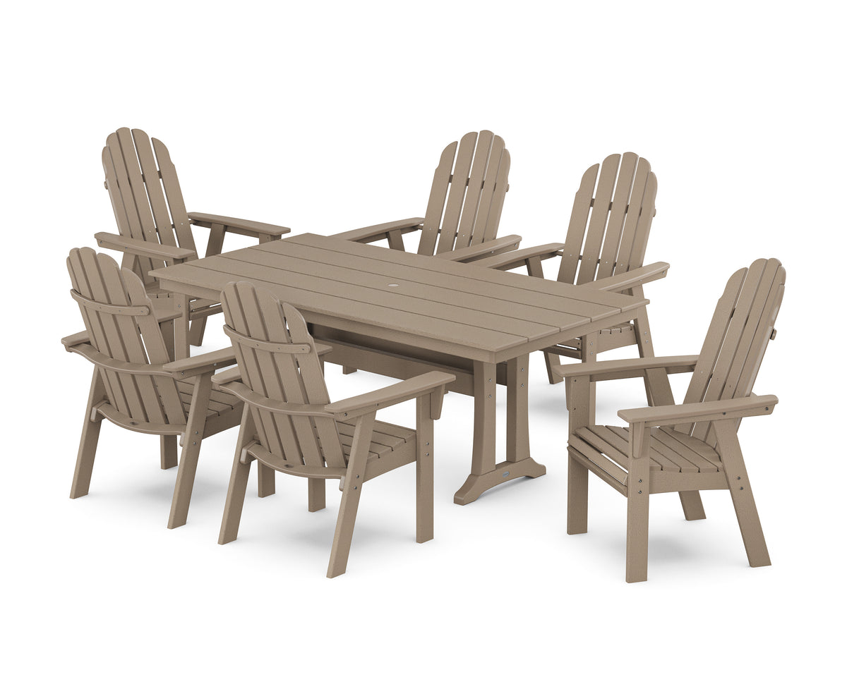 POLYWOOD Vineyard Curveback Adirondack Chair 7-Piece Farmhouse Dining Set with Trestle Legs in Vintage Sahara