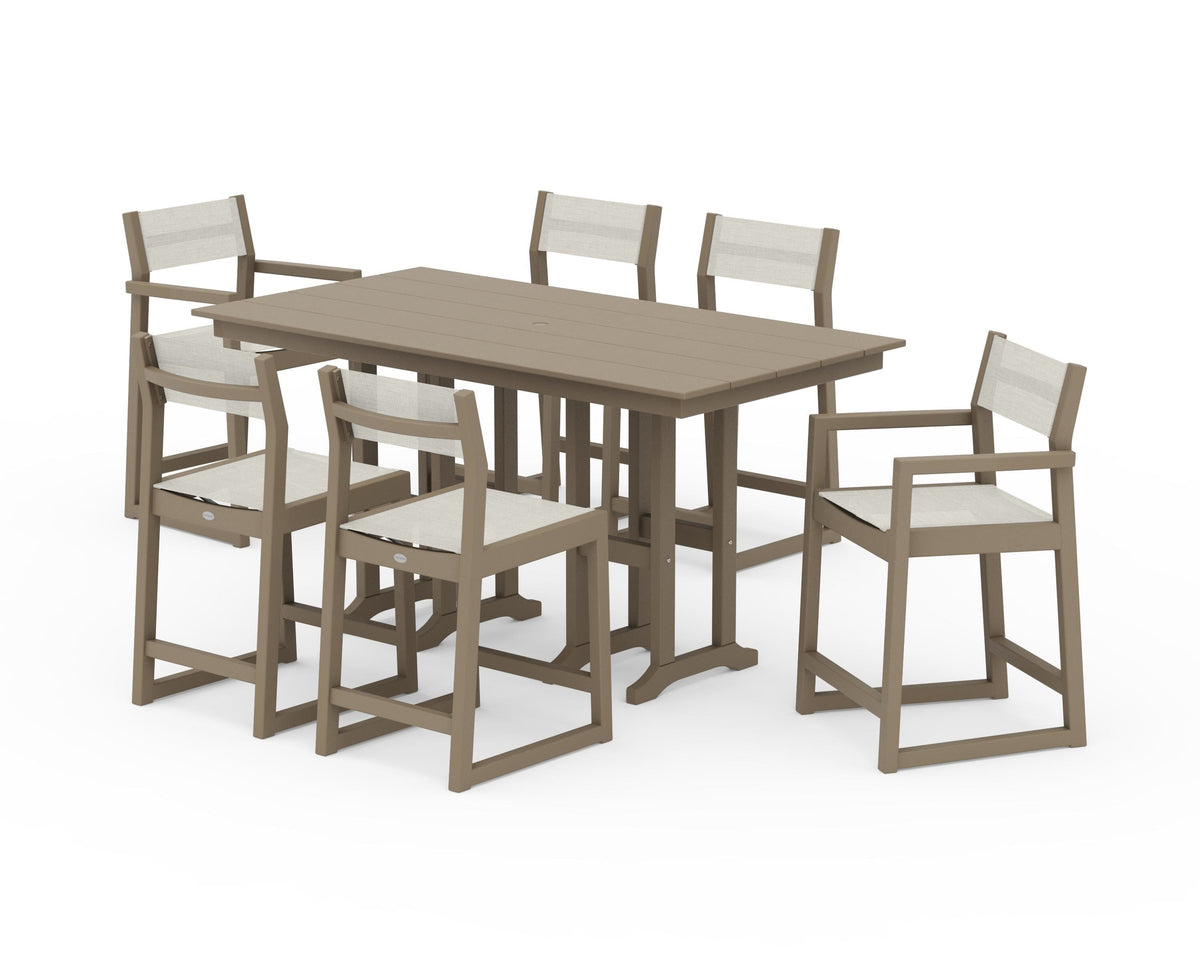 POLYWOOD EDGE Sling 7-Piece Farmhouse Counter Set with Trestle Legs in Vintage Sahara / Parchment