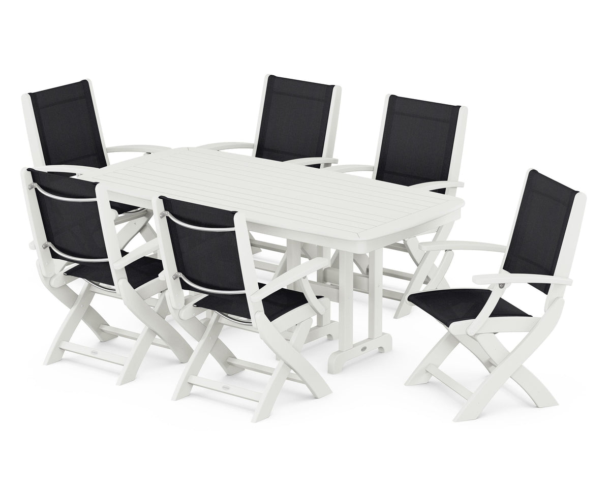 POLYWOOD Coastal Folding Arm Chair 7-Piece Dining Set in Vintage White / Black