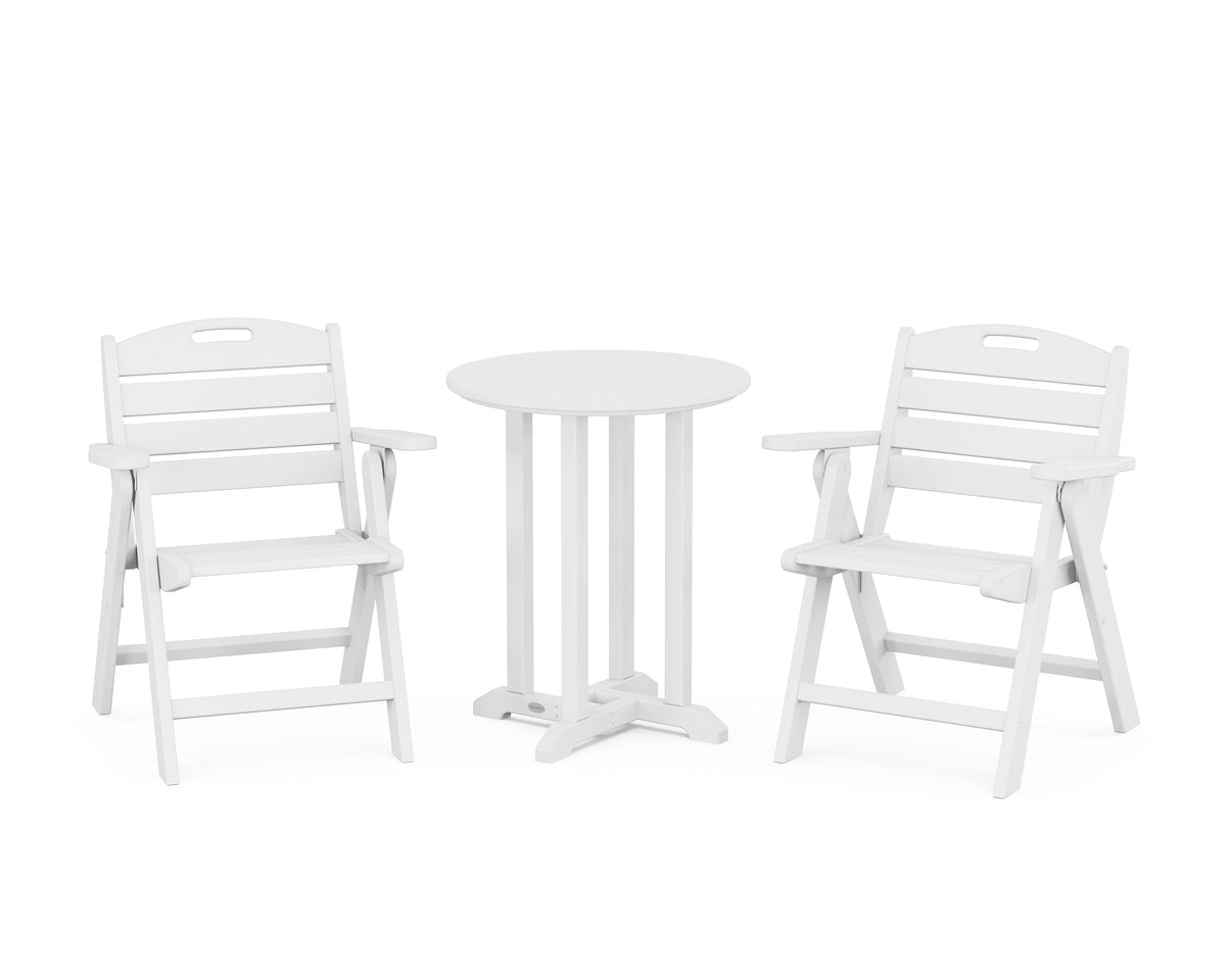 POLYWOOD Nautical Folding Lowback Chair 3-Piece Round Bistro Dining Set in White