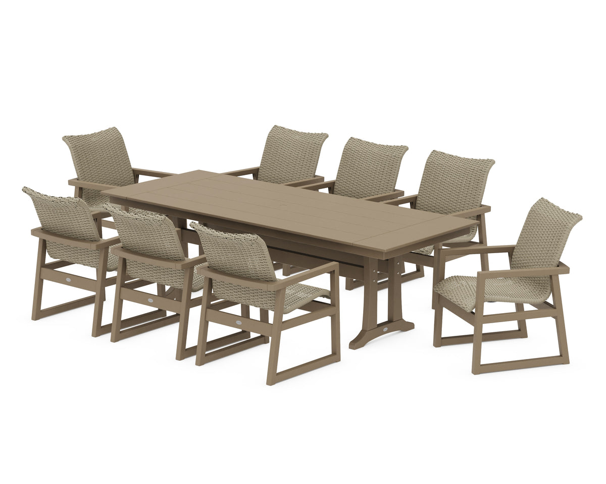 POLYWOOD EDGE Woven 9-Piece Farmhouse Dining Set with Trestle Legs in Vintage Sahara / Dune Grass