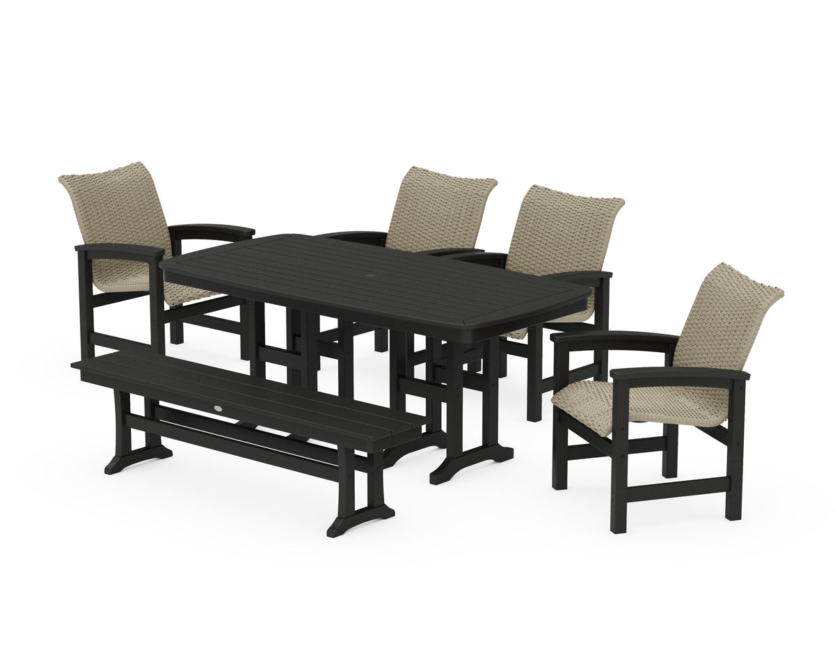 POLYWOOD Coastal Woven 6-Piece Farmhouse Dining Set with Bench with Nautical 37" x 72" Dining Table in Black / Dune Grass