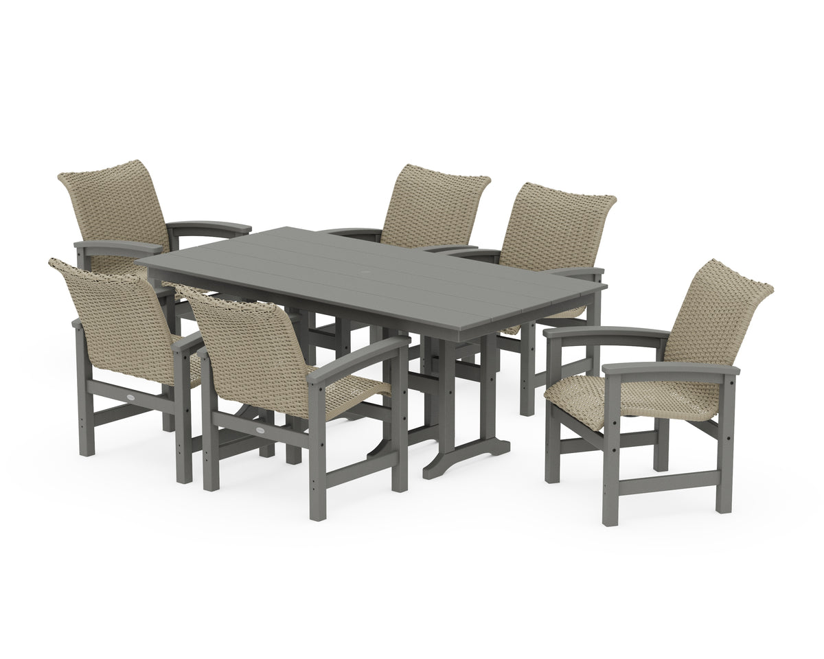 POLYWOOD Coastal Woven Arm Chair 7-Piece Farmhouse Dining Set in Slate Grey / Dune Grass