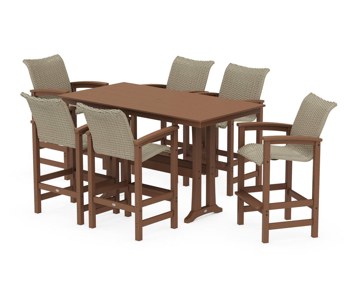 POLYWOOD Coastal Woven Arm Chair 7-Piece Farmhouse Bar Set with Trestle Legs in Teak / Dune Grass