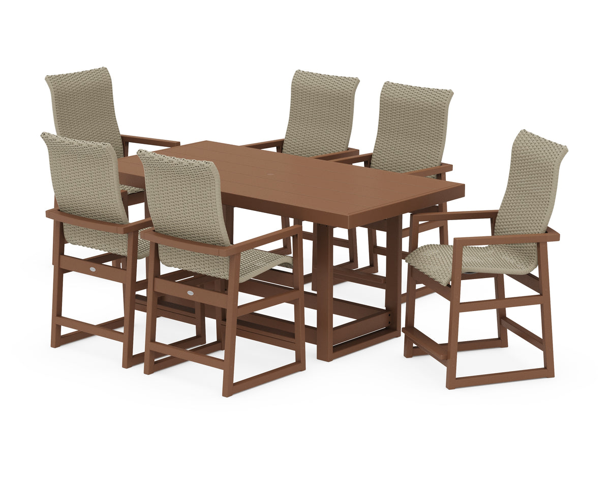 POLYWOOD EDGE Woven Highback Arm Chair 7-Piece Counter Set in Teak / Dune Grass