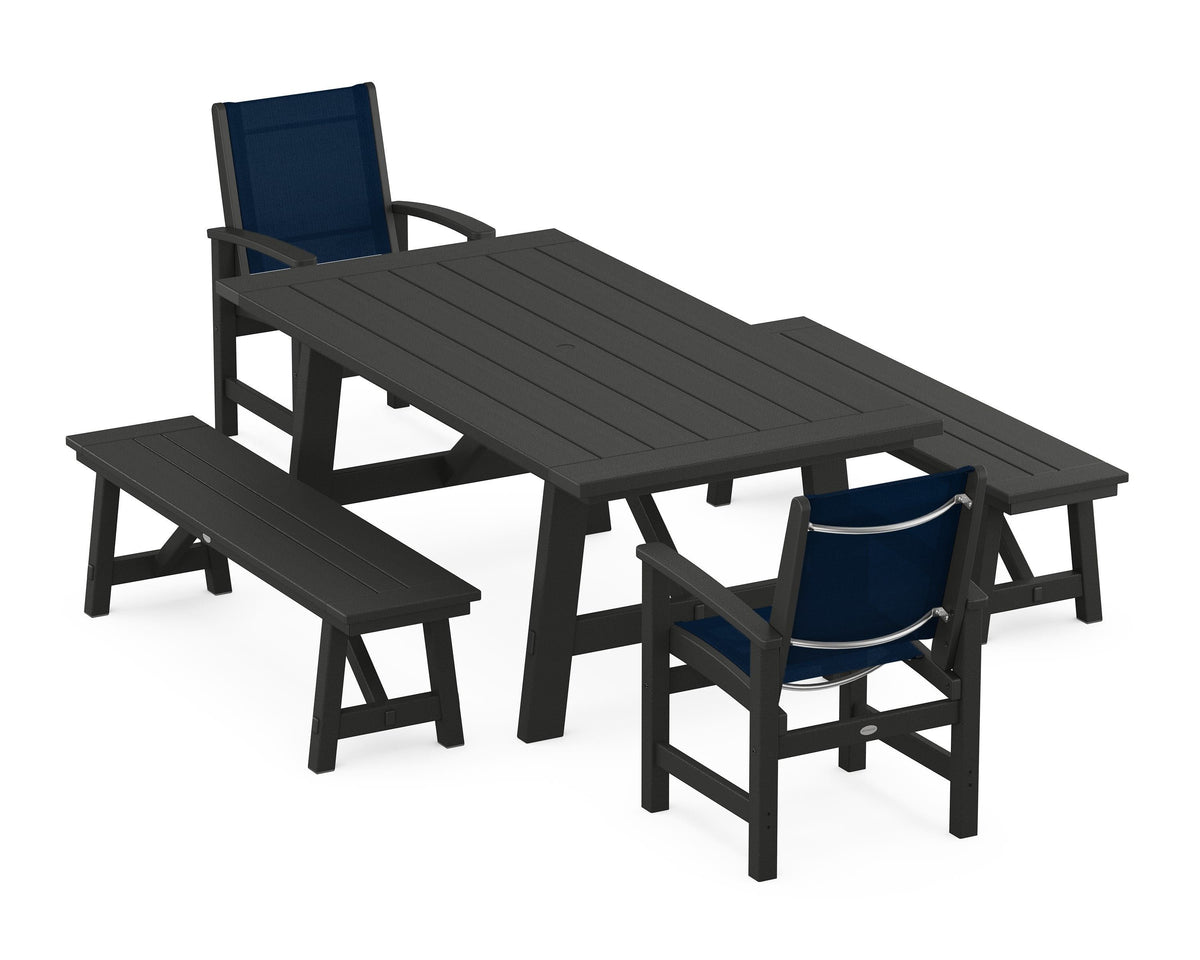 POLYWOOD Coastal 5-Piece Rustic Farmhouse Dining Set With Benches in Black / Navy Blue