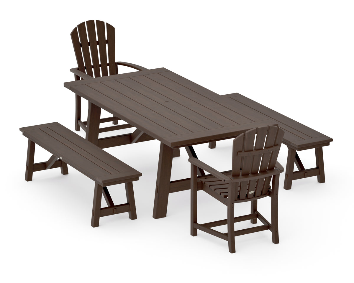 POLYWOOD Palm Coast 5-Piece Rustic Farmhouse Dining Set with Benches in Kona