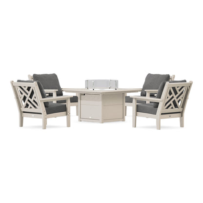 POLYWOOD Chippendale 5-Piece Deep Seating Set with Fire Pit Table in Sand