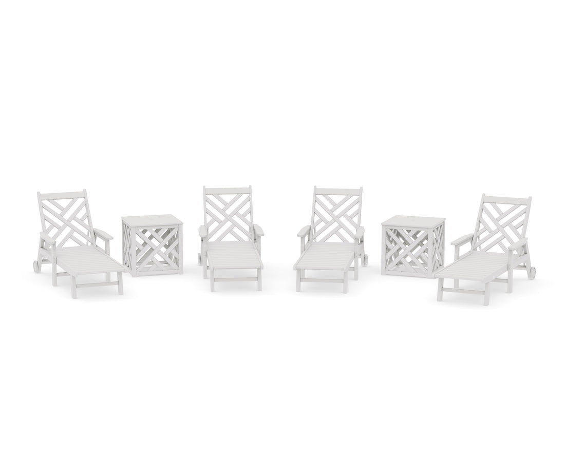 POLYWOOD Chippendale 6-Piece Chaise Set with Umbrella Stand Accent Table in Vintage White