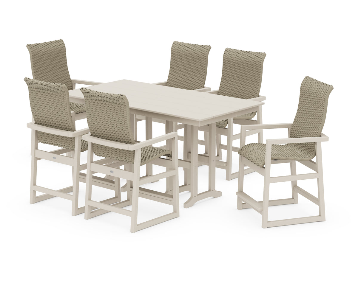 POLYWOOD EDGE Woven Highback Arm Chair 7-Piece Farmhouse Counter Set in Sand / Dune Grass