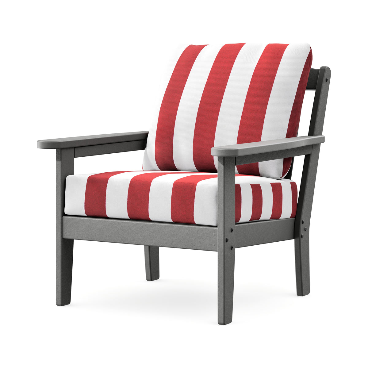 POLYWOOD Cottage Deep Seating Chair in Slate Grey / Cabana Stripe Crimson