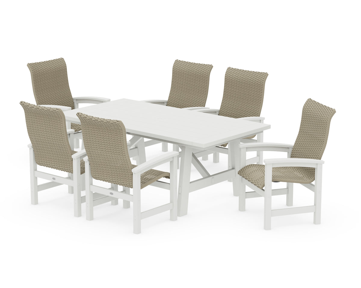 POLYWOOD Coastal Woven High-Back Arm Chair 7-Piece Rustic Farmhouse Dining Set in Vintage White / Dune Grass