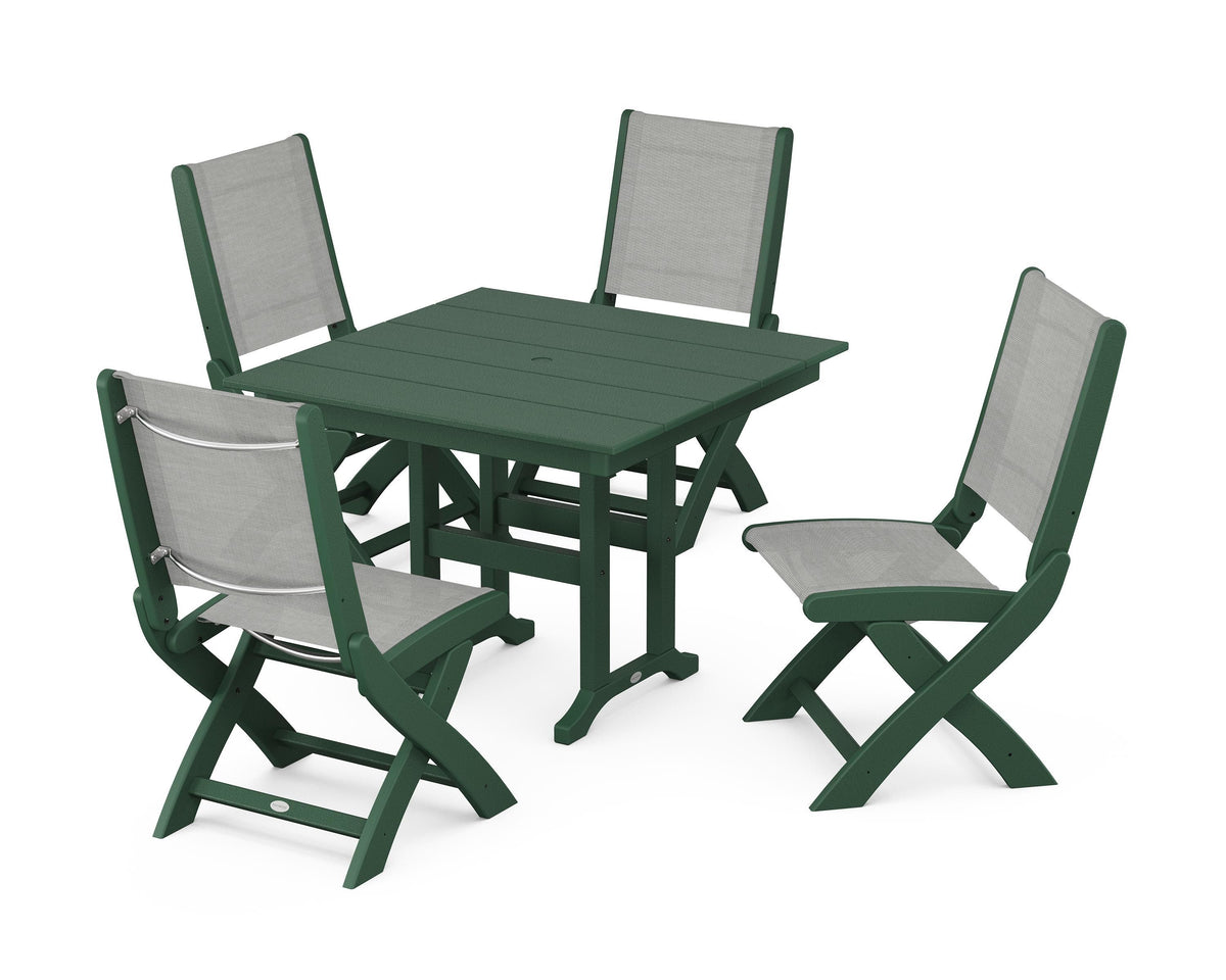 POLYWOOD Coastal Folding Side Chair 5-Piece Farmhouse Dining Set in Green / Metallic