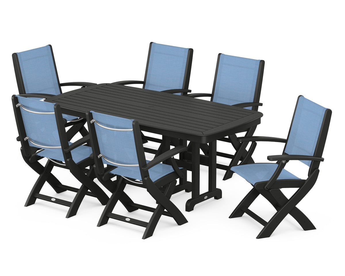 POLYWOOD Coastal Folding Arm Chair 7-Piece Dining Set in Black / Poolside